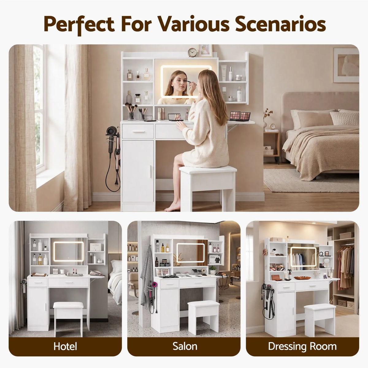 Artiss Dressing Table Vanity Desk Set Stool LED Charging Station White - Image 9
