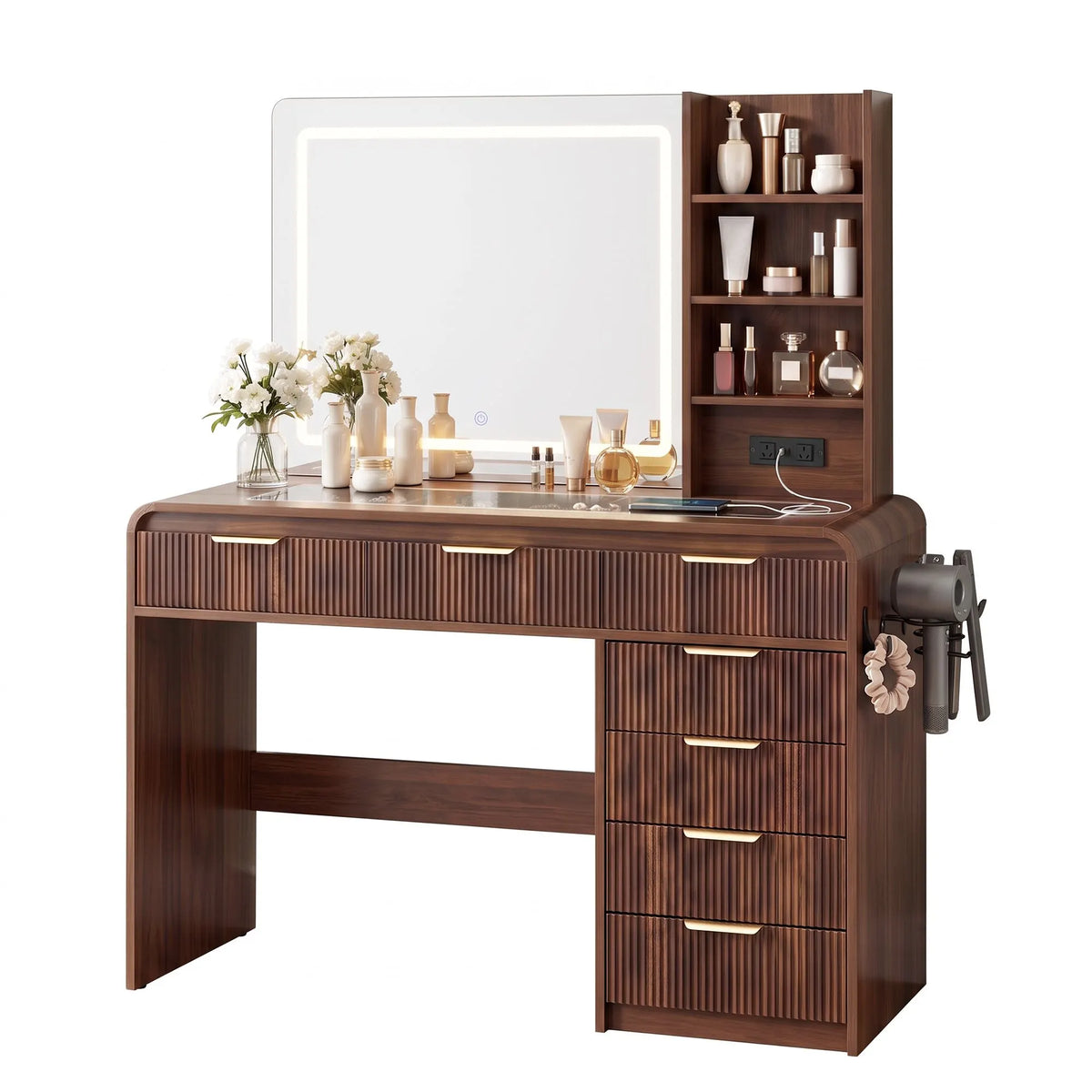 Artiss Dressing Table Vanity Desk LED Lighted Mirror Glass Top 7 Fluted Drawers 120CM Walnut - Image 3