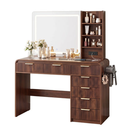 Artiss Dressing Table Vanity Desk LED Lighted Mirror Glass Top 7 Fluted Drawers 120CM Walnut - Image 3