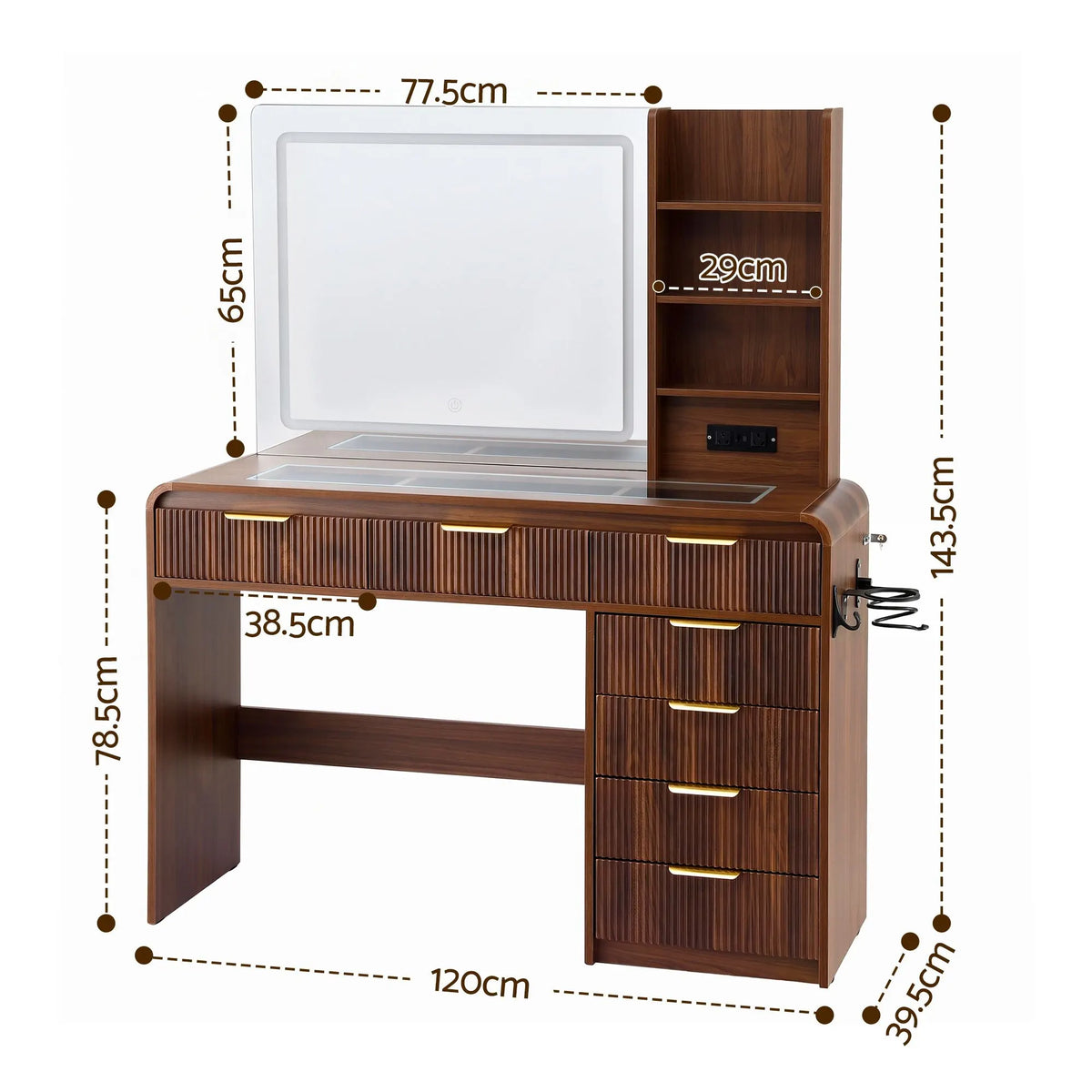 Artiss Dressing Table Vanity Desk LED Lighted Mirror Glass Top 7 Fluted Drawers 120CM Walnut - Image 4