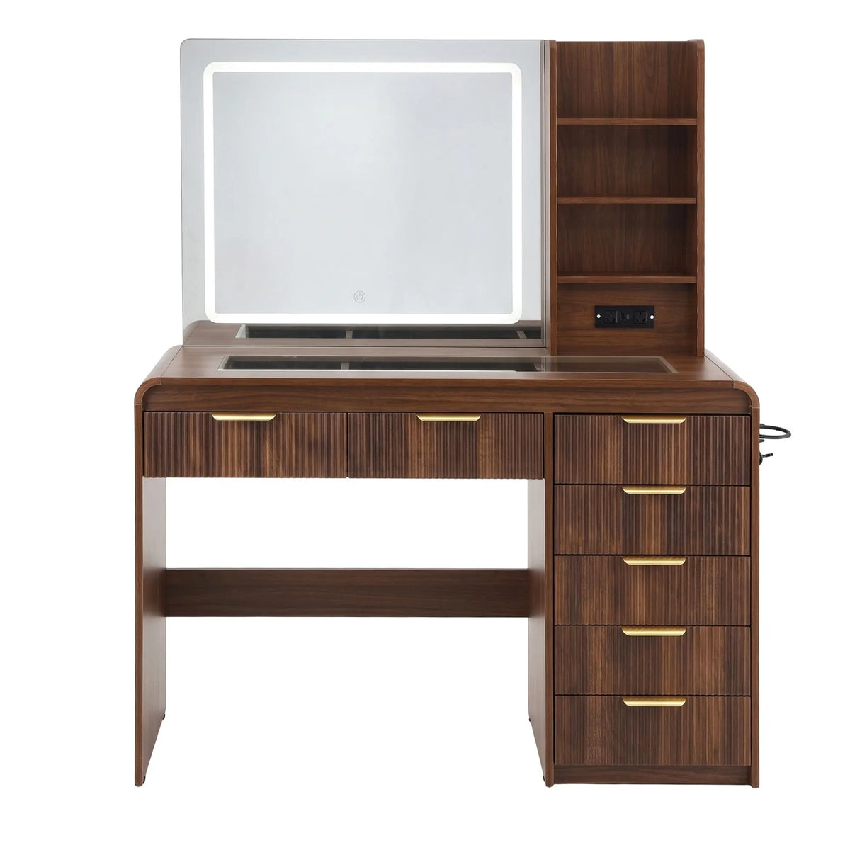 Artiss Dressing Table Vanity Desk LED Lighted Mirror Glass Top 7 Fluted Drawers 120CM Walnut - Image 5