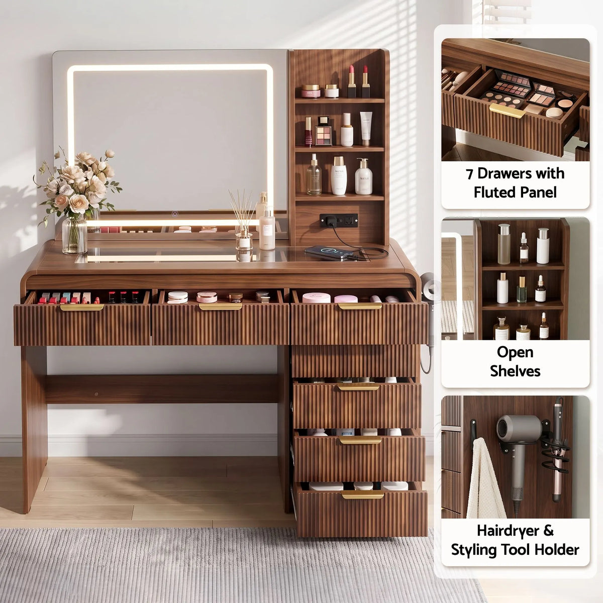 Artiss Dressing Table Vanity Desk LED Lighted Mirror Glass Top 7 Fluted Drawers 120CM Walnut - Image 7