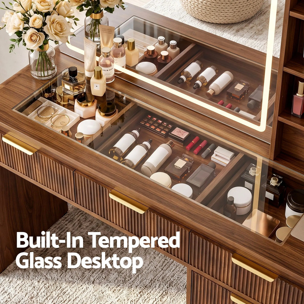 Artiss Dressing Table Vanity Desk LED Lighted Mirror Glass Top 7 Fluted Drawers 120CM Walnut - Image 9