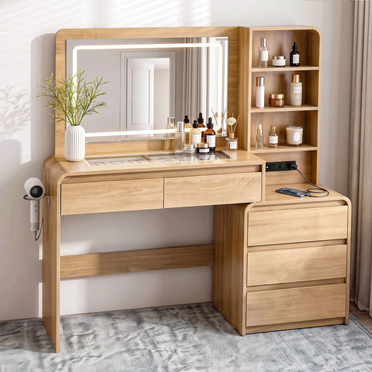 Artiss Dressing Table Makeup Vanity Desk LED Mirror Drawers Charging Station Curved Edge Wood