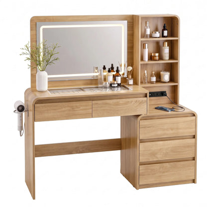 Artiss Dressing Table Makeup Vanity Desk LED Mirror Drawers Charging Station Curved Edge Wood - Image 3