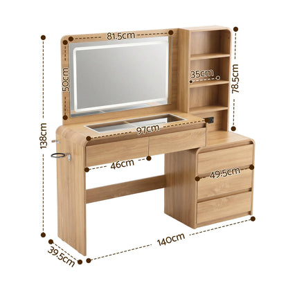 Artiss Dressing Table Makeup Vanity Desk LED Mirror Drawers Charging Station Curved Edge Wood - Image 4
