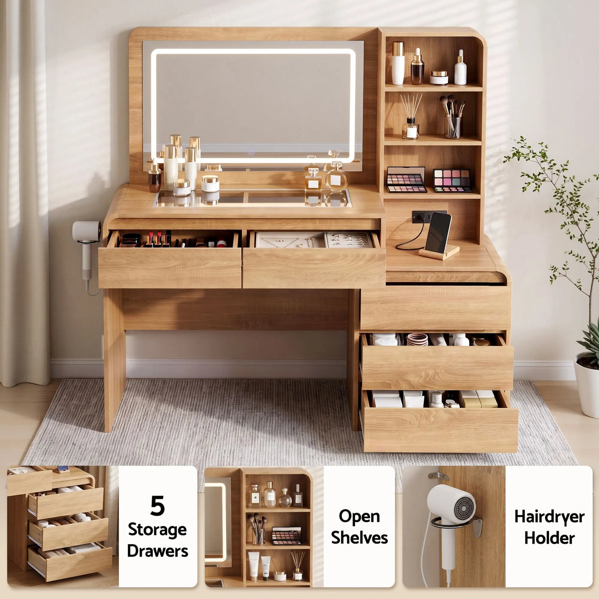 Artiss Dressing Table Makeup Vanity Desk LED Mirror Drawers Charging Station Curved Edge Wood - Image 7