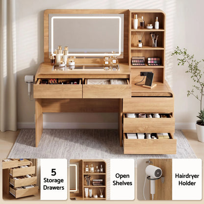 Artiss Dressing Table Makeup Vanity Desk LED Mirror Drawers Charging Station Curved Edge Wood - Image 7