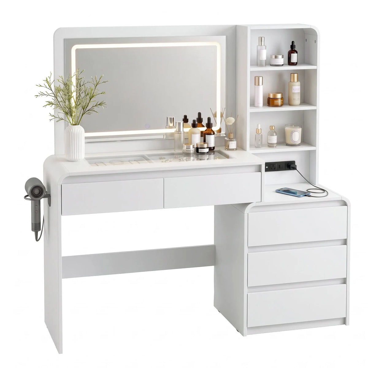 Artiss Dressing Table Makeup Vanity Desk LED Mirror Drawers Charging Station Curved Edge White - Image 3