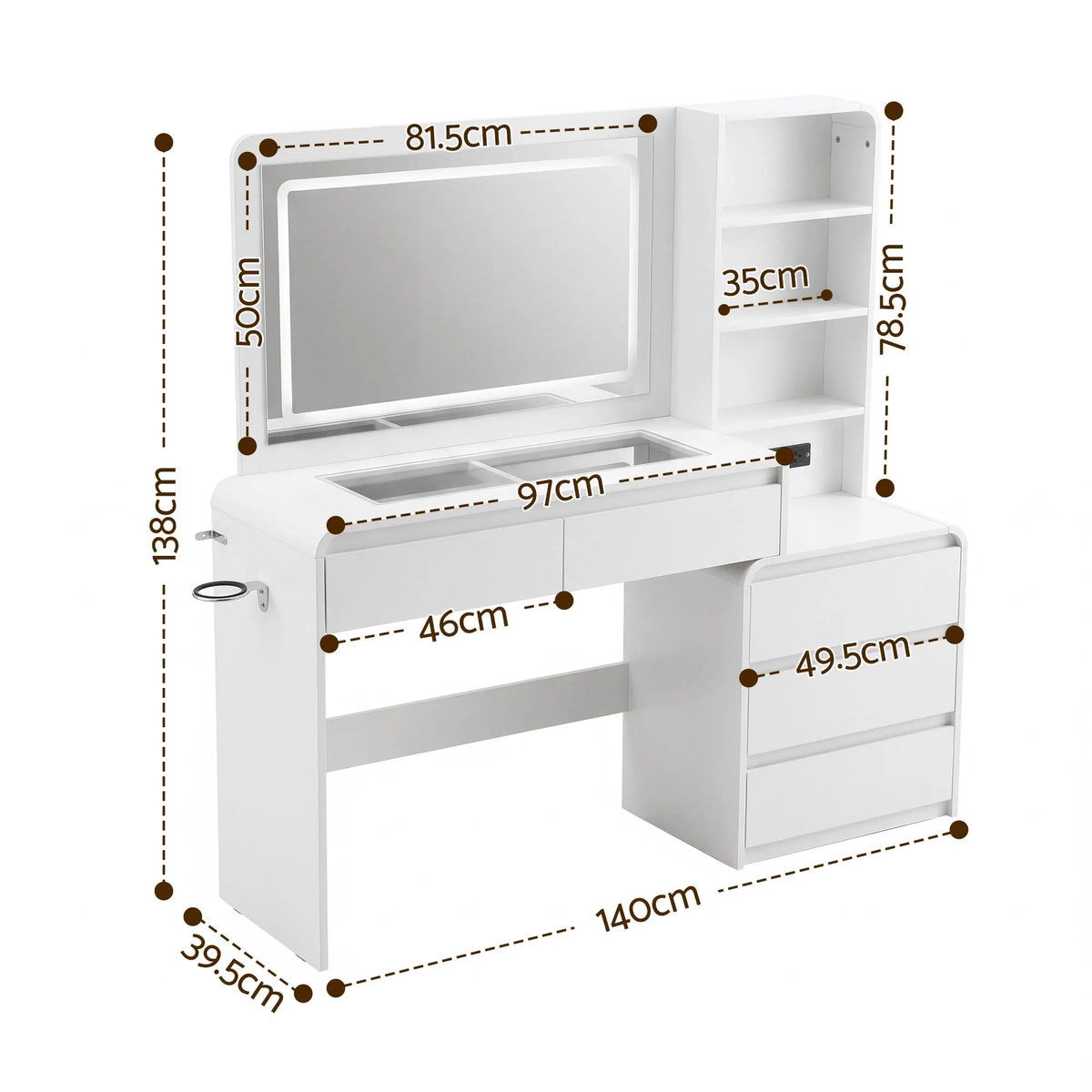 Artiss Dressing Table Makeup Vanity Desk LED Mirror Drawers Charging Station Curved Edge White - Image 4