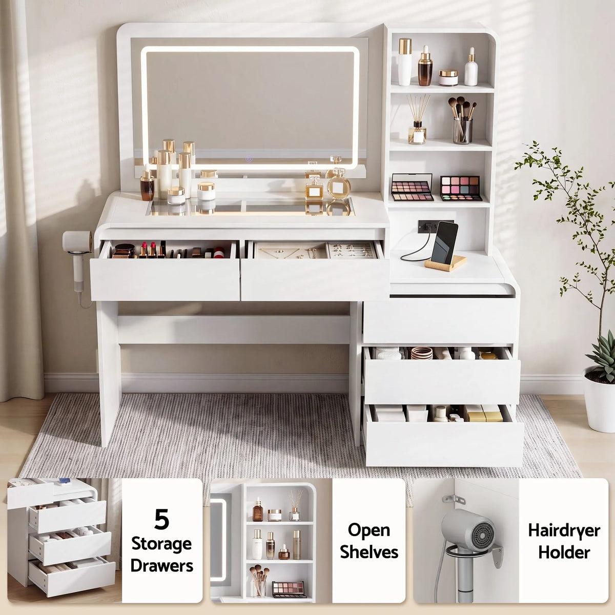 Artiss Dressing Table Makeup Vanity Desk LED Mirror Drawers Charging Station Curved Edge White - Image 7