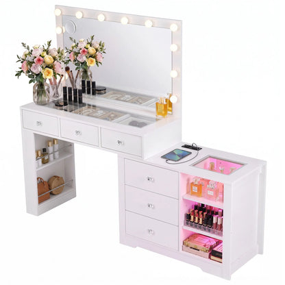 Artiss Dressing Table Mirror Charging Station Glass Top Makeup Vanity Desk RGB Cabinet Storage Drawers Hairdryer Holder White - Image 2