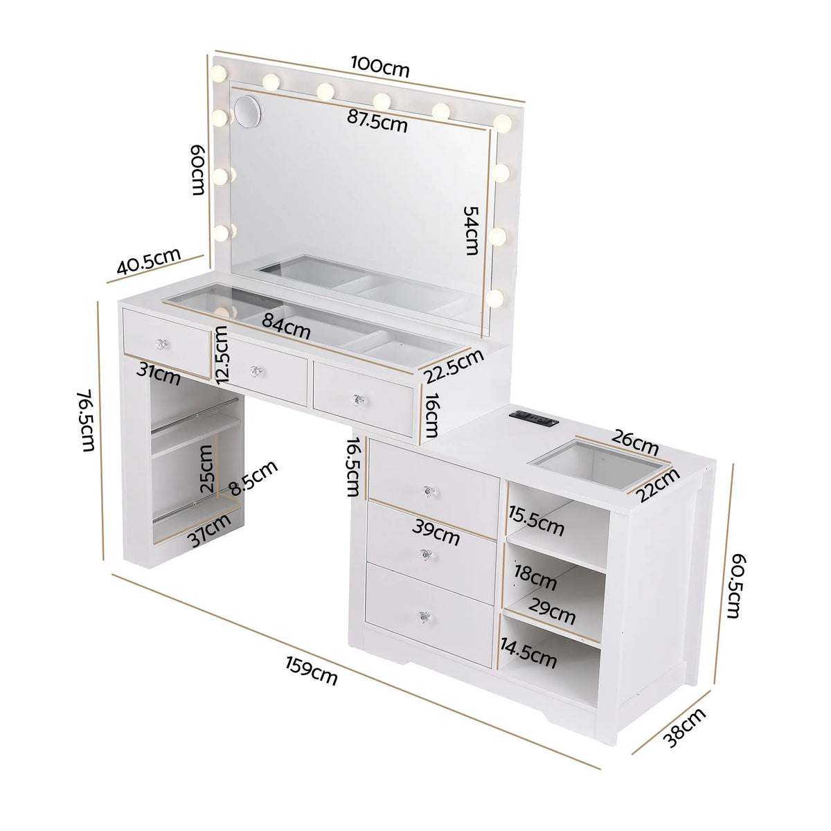 Artiss Dressing Table Mirror Charging Station Glass Top Makeup Vanity Desk RGB Cabinet Storage Drawers Hairdryer Holder White - Image 4