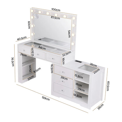 Artiss Dressing Table Mirror Charging Station Glass Top Makeup Vanity Desk RGB Cabinet Storage Drawers Hairdryer Holder White - Image 4