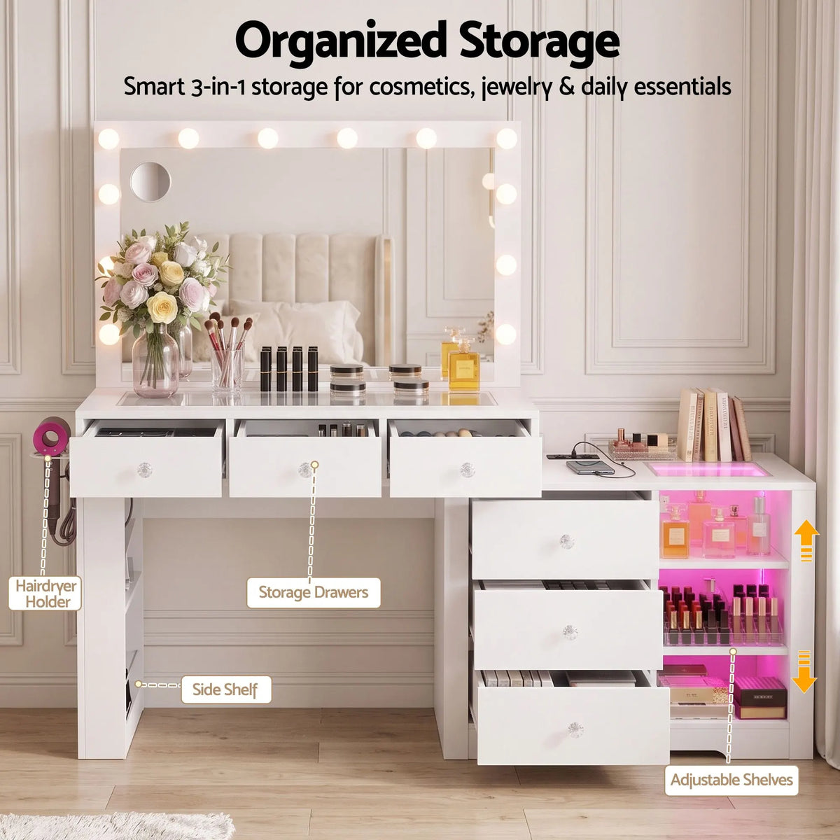 Artiss Dressing Table Mirror Charging Station Glass Top Makeup Vanity Desk RGB Cabinet Storage Drawers Hairdryer Holder White - Image 7