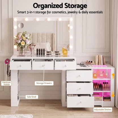 Artiss Dressing Table Mirror Charging Station Glass Top Makeup Vanity Desk RGB Cabinet Storage Drawers Hairdryer Holder White - Image 7