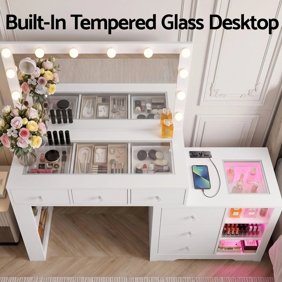 Artiss Dressing Table Mirror Charging Station Glass Top Makeup Vanity Desk RGB Cabinet Storage Drawers Hairdryer Holder White - Image 9