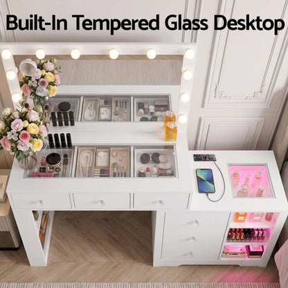 Artiss Dressing Table Mirror Charging Station Glass Top Makeup Vanity Desk RGB Cabinet Storage Drawers Hairdryer Holder White - Image 9