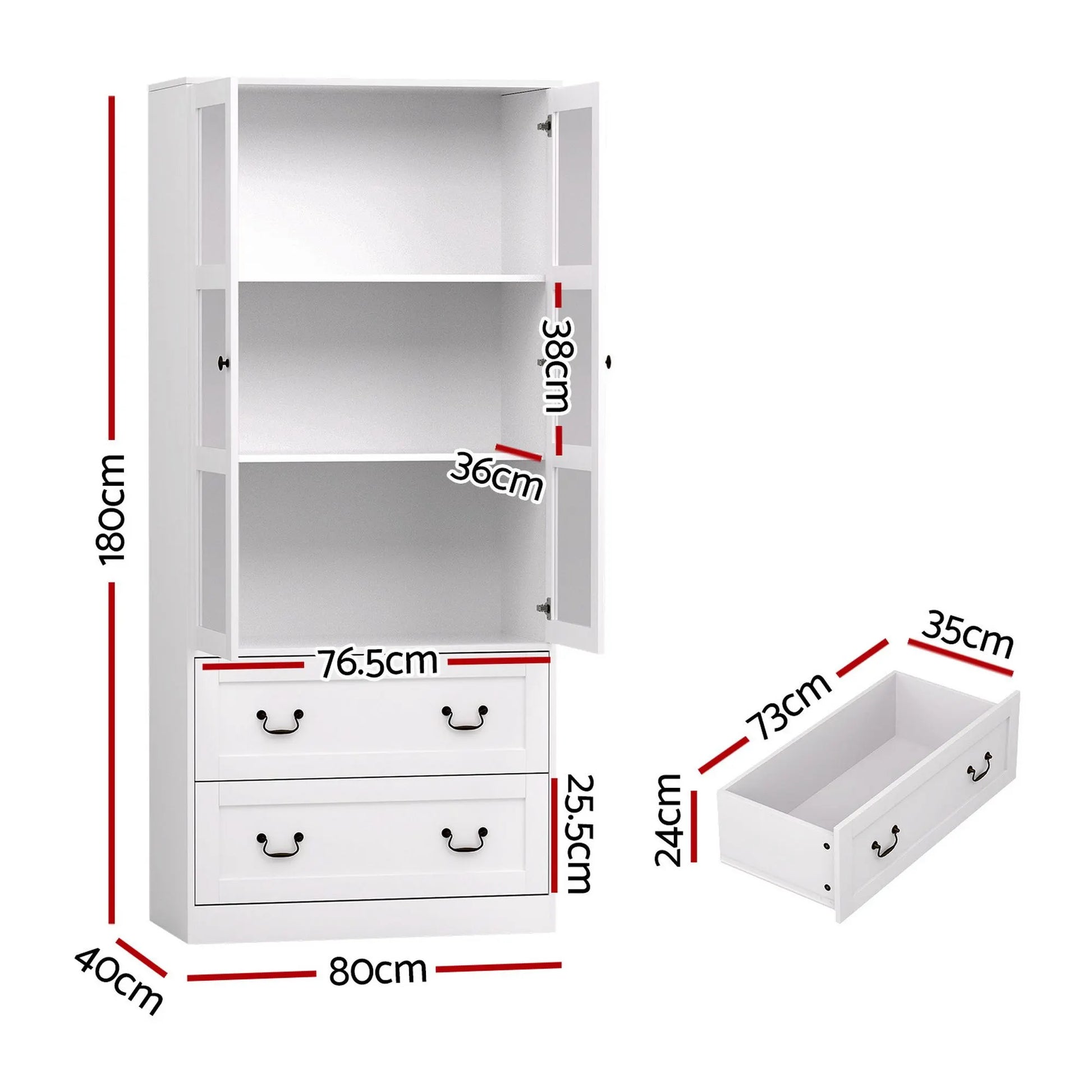 Artiss Buffet Sideboard Cabinets X2 180cm Hutch Storage Kitchen Clear Door White - Image 3