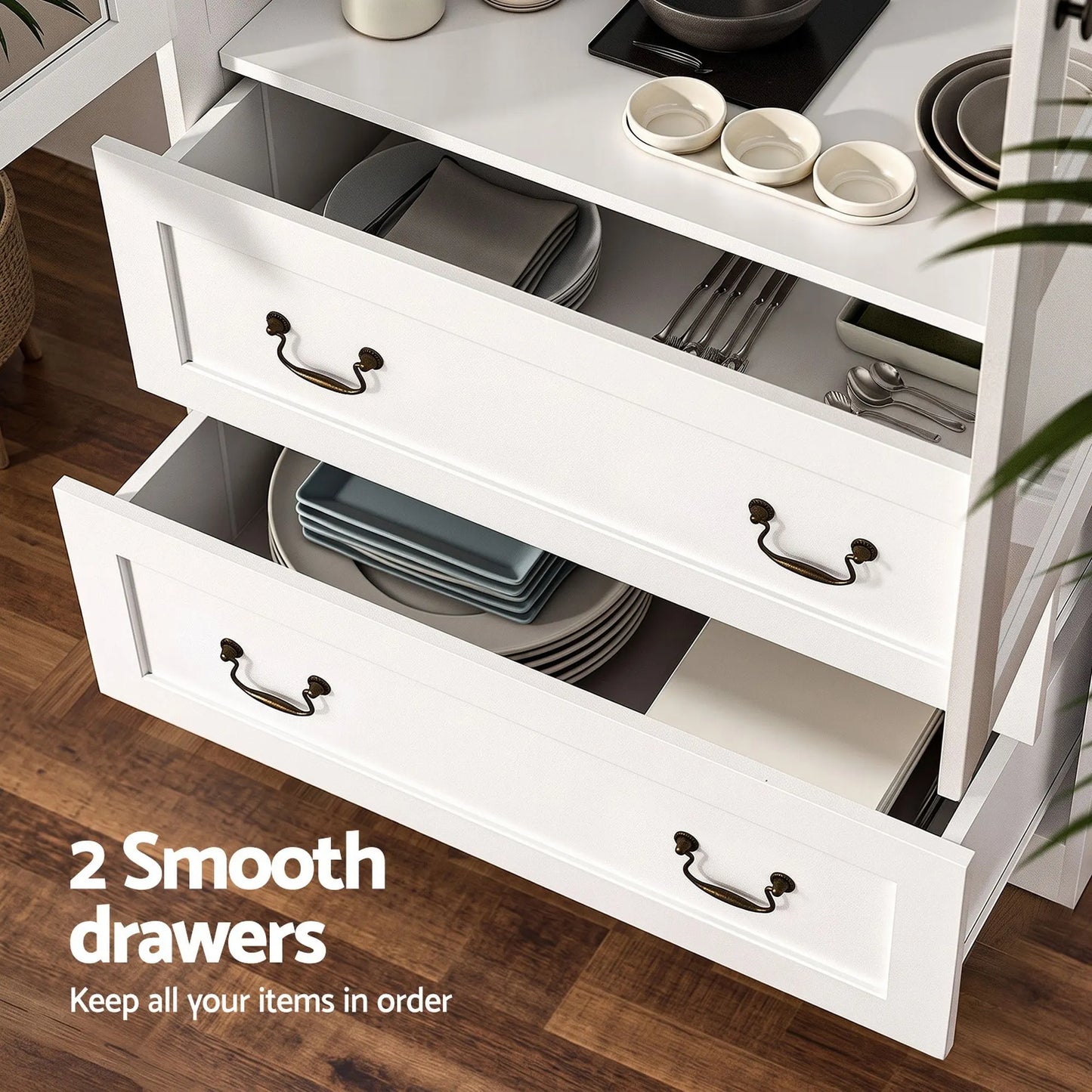 Artiss Buffet Sideboard Cabinets X2 180cm Hutch Storage Kitchen Clear Door White - Image 7