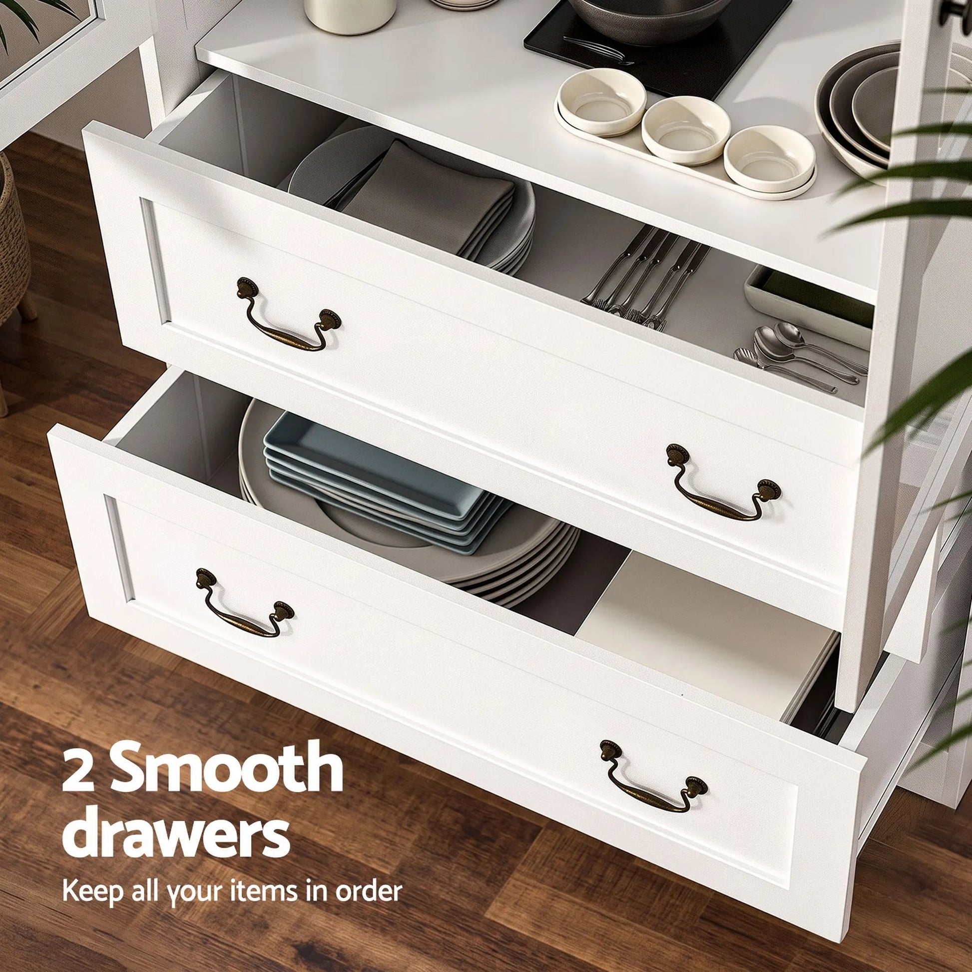 Artiss Buffet Sideboard Cabinets X2 180cm Hutch Storage Kitchen Clear Door White - Image 7