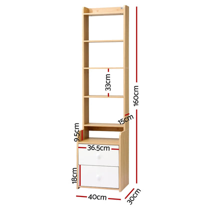 Artiss 6 Tiers Bookshelf with 2 Drawer Storage Shelf Pine - Image 4