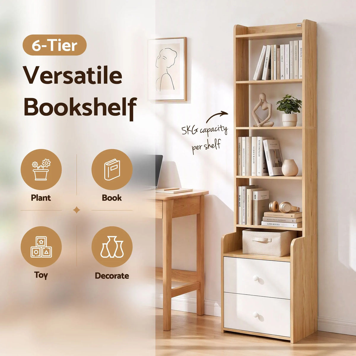 Artiss 6 Tiers Bookshelf with 2 Drawer Storage Shelf Pine - Image 6