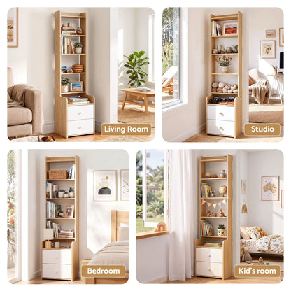 Artiss 6 Tiers Bookshelf with 2 Drawer Storage Shelf Pine - Image 9