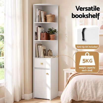 Artiss 3 Tiers Bookshelf with Storage Drawer and Cabinet White - Image 6