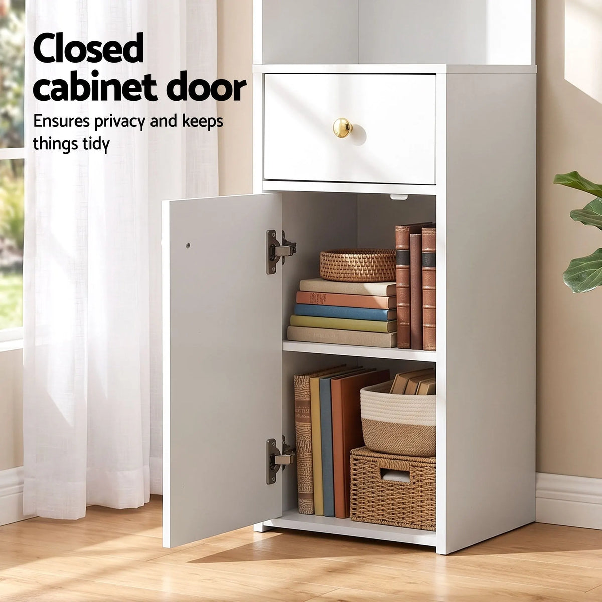 Artiss 3 Tiers Bookshelf with Storage Drawer and Cabinet White - Image 8