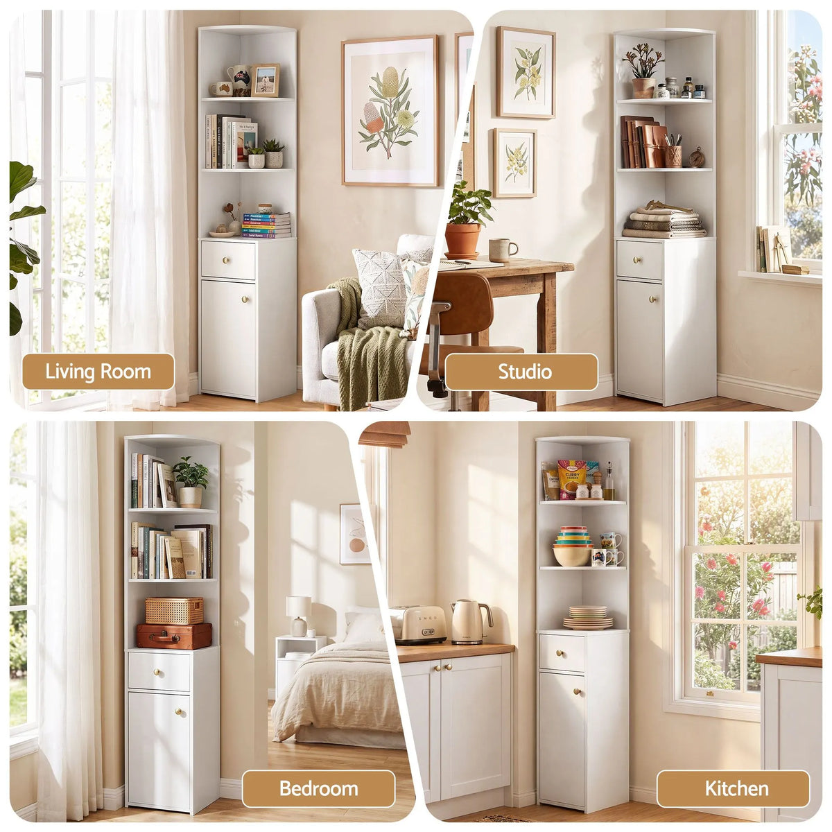 Artiss 3 Tiers Bookshelf with Storage Drawer and Cabinet White - Image 9