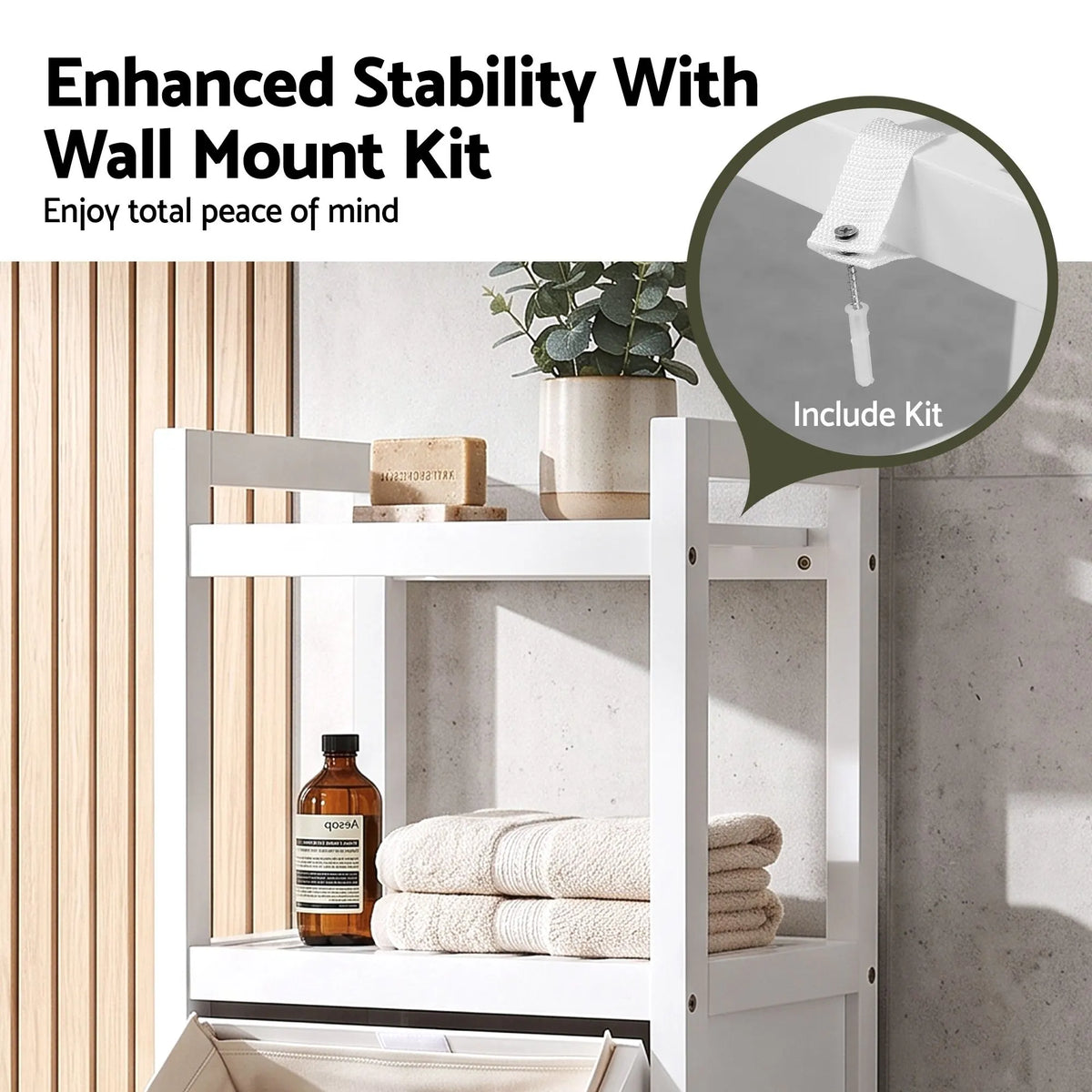 Artiss Bathroom Storage Cabinet Tilt Out Laundry Hamper Tall Organiser White - Image 8
