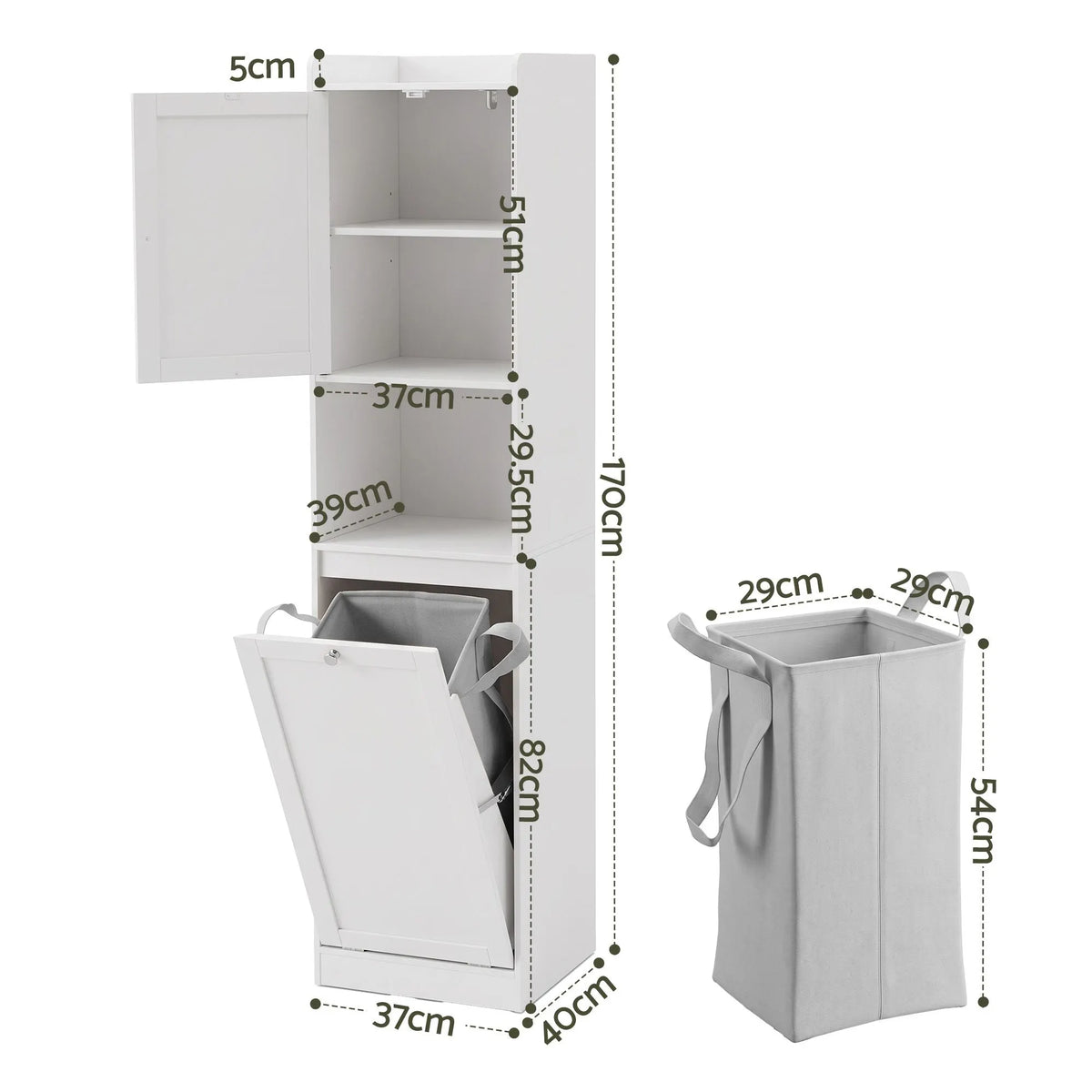 Artiss Tall Bathroom Storage Cabinet with Tilt Out Laundry Hamper White 170cm - Image 4