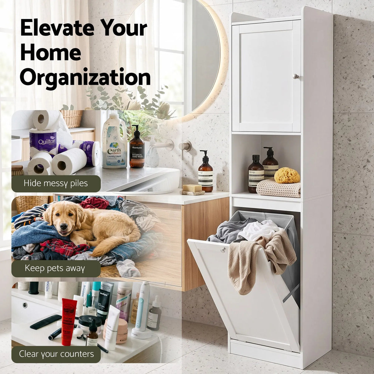 Artiss Tall Bathroom Storage Cabinet with Tilt Out Laundry Hamper White 170cm - Image 6