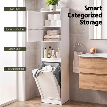 Artiss Tall Bathroom Storage Cabinet with Tilt Out Laundry Hamper White 170cm - Image 7