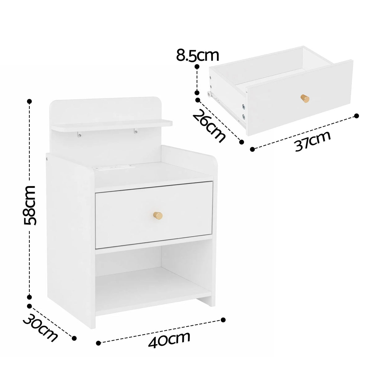 Artiss Bedside Table Drawer Charging Station White - Image 3