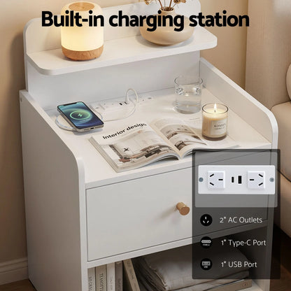 Artiss Bedside Table Drawer Charging Station White - Image 6