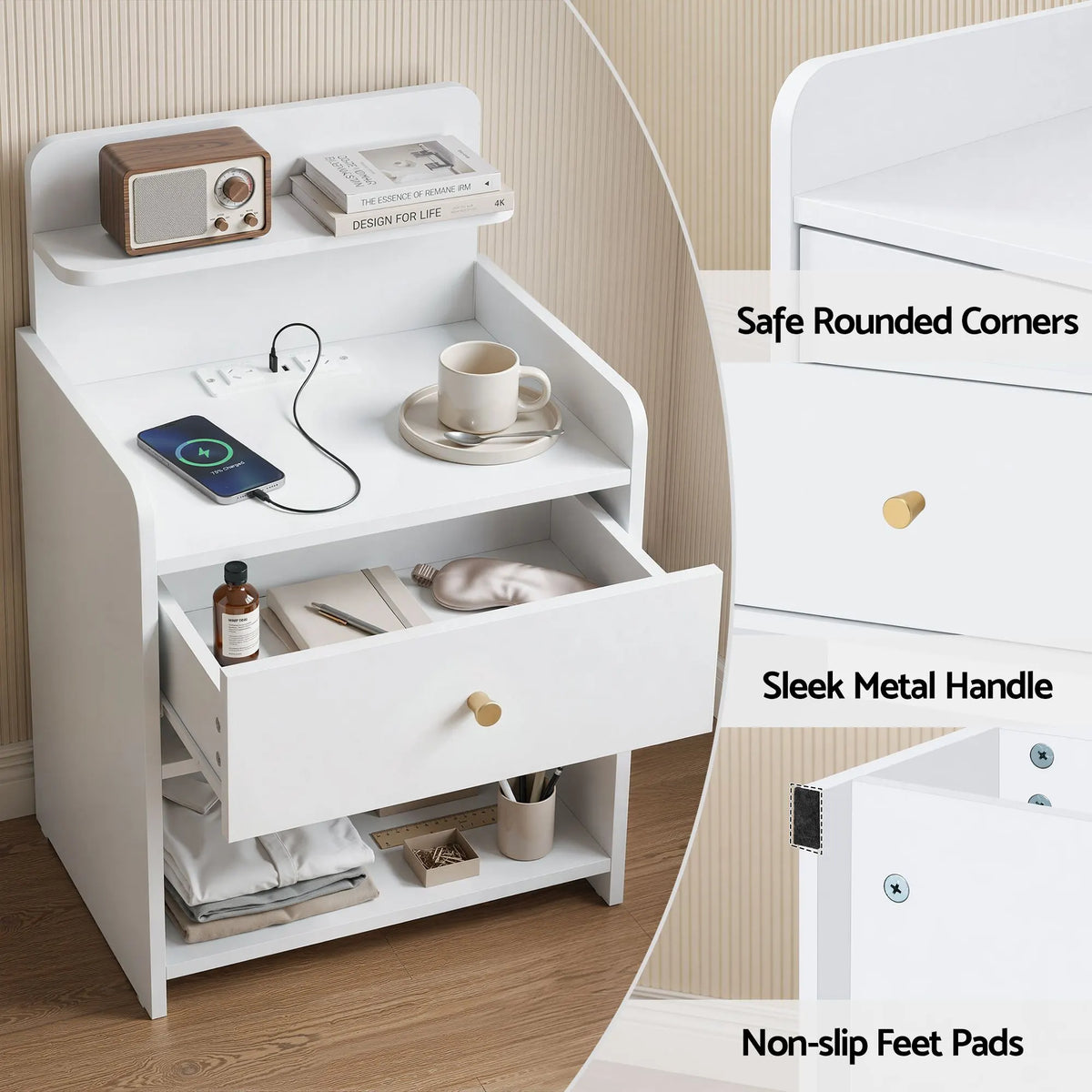 Artiss Bedside Table Drawer Charging Station White - Image 7