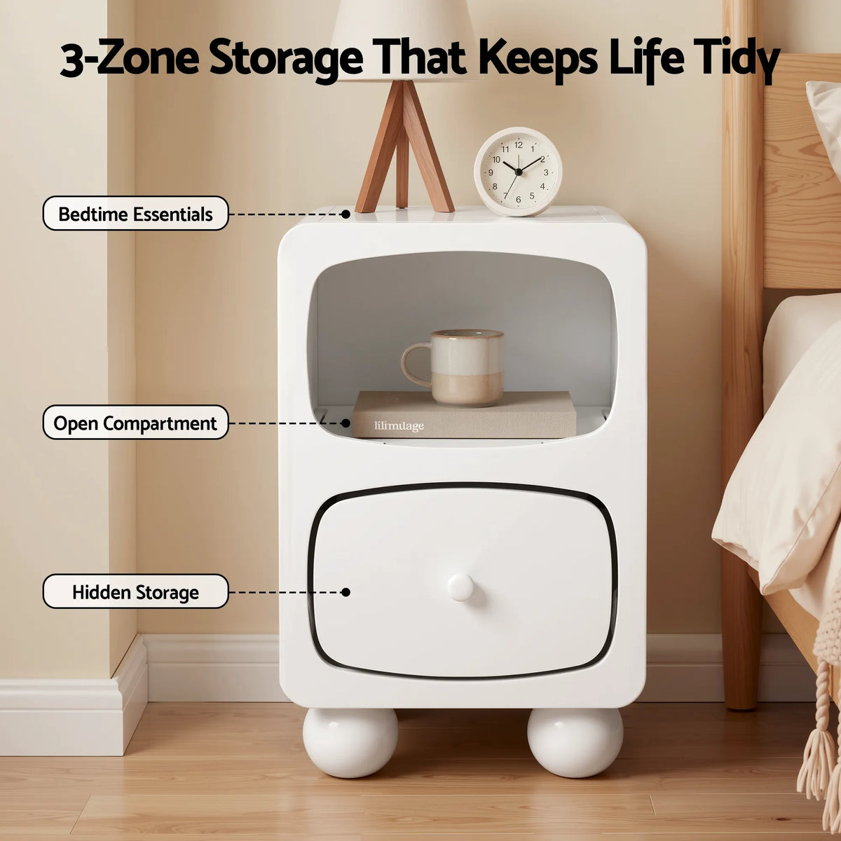 Artiss Bedside Table Storage Drawer Shelf Pine Wood Legs White - Image 5