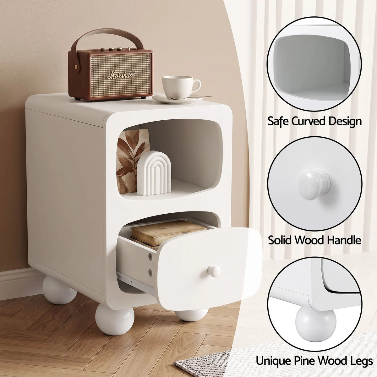 Artiss Bedside Table Storage Drawer Shelf Pine Wood Legs White - Image 7