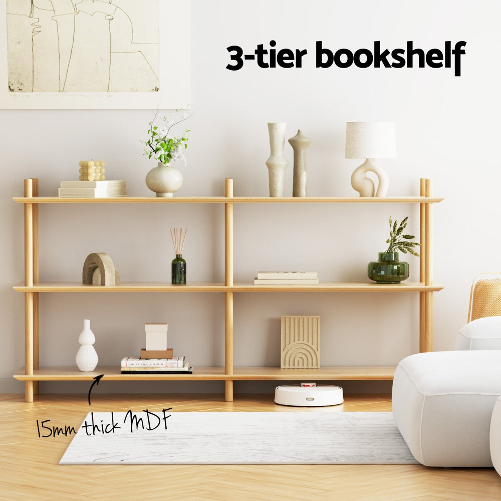 Artiss Bookshelf 3 Tiers Bookcase Display Shelves Wooden Storage Stand Rack Pine - Image 5