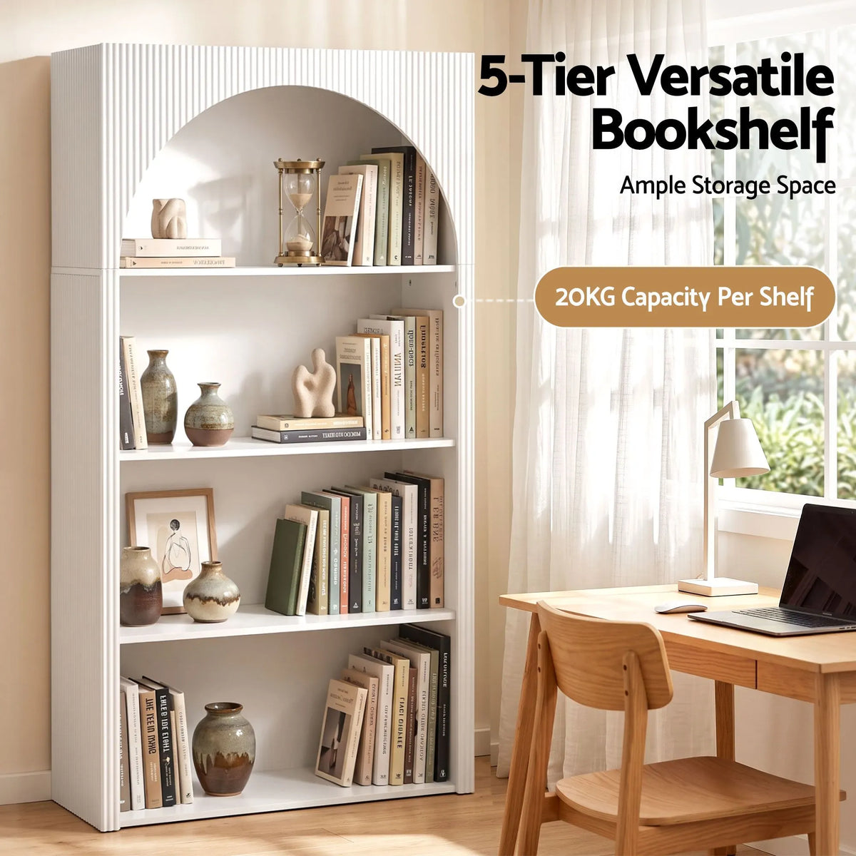 Artiss 4 Tier Bookshelf Arched Fluted Storage Display Cabinet Unit White - Image 5