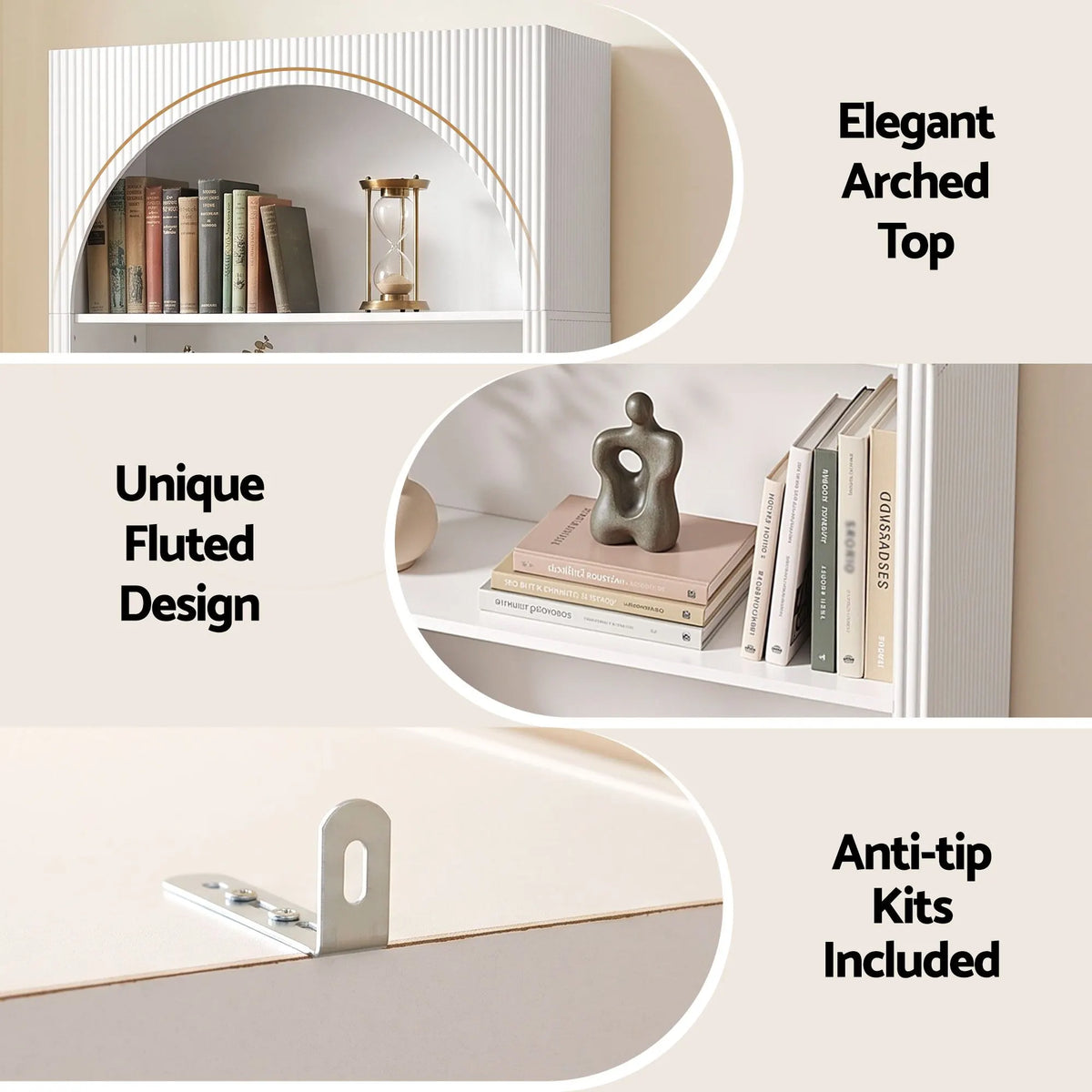 Artiss 4 Tier Bookshelf Arched Fluted Storage Display Cabinet Unit White - Image 6