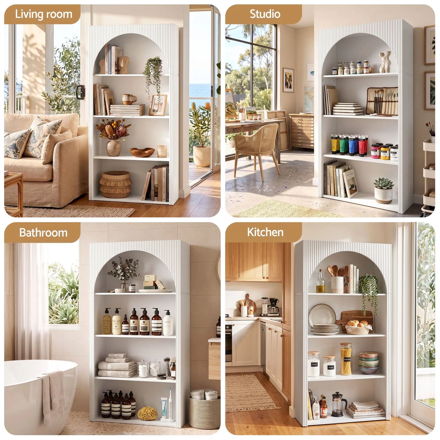 Artiss 4 Tier Bookshelf Arched Fluted Storage Display Cabinet Unit White - Image 7