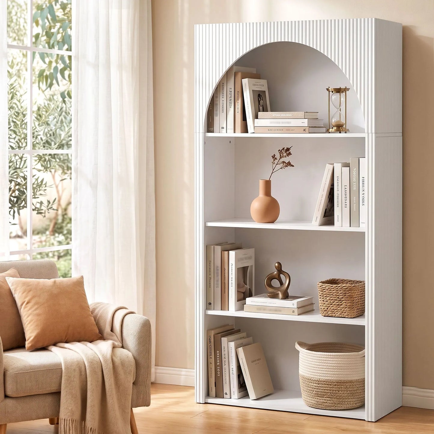 Artiss 4 Tier Bookshelf Arched Fluted Storage Display Cabinet Unit White - Image 8