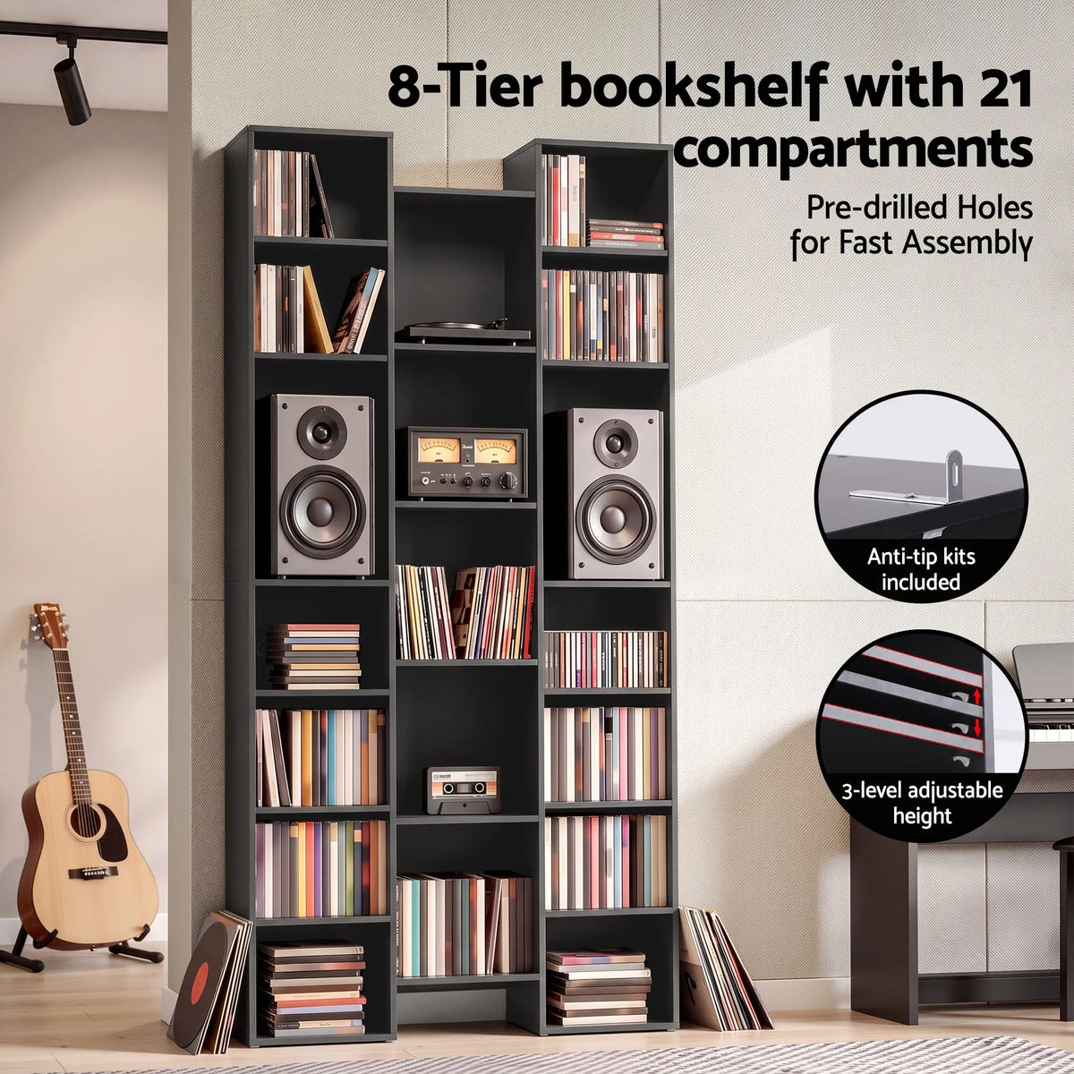 Artiss Bookshelf Display Shelves CD DVD Storage Rack Tall Bookcase Black - Image 6