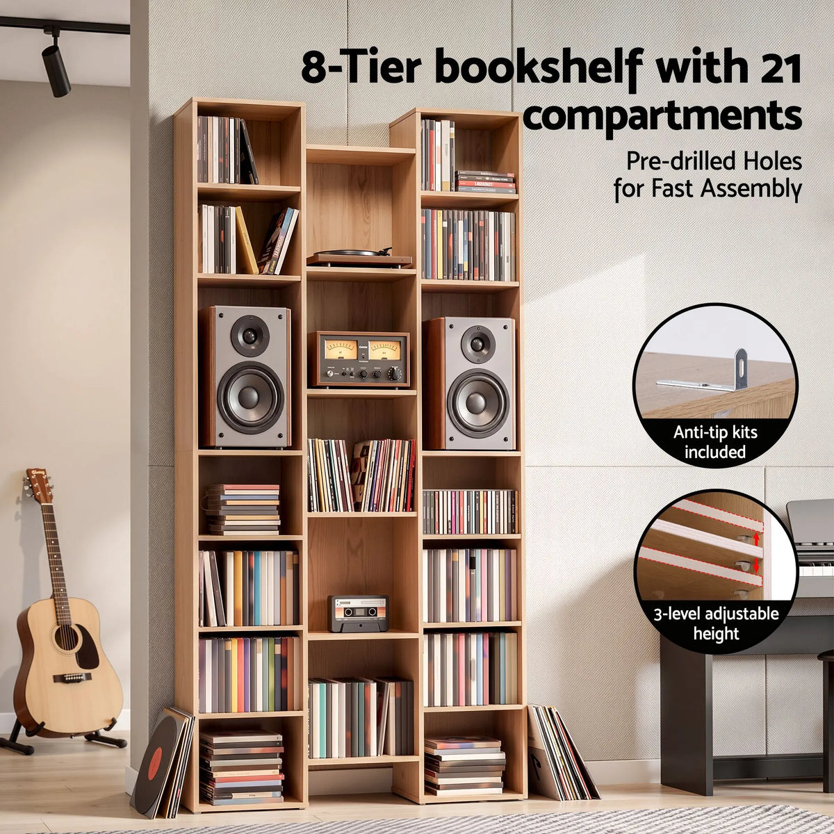 Artiss Bookshelf Display Shelves CD DVD Storage Rack Tall Bookcase Oak - Image 6