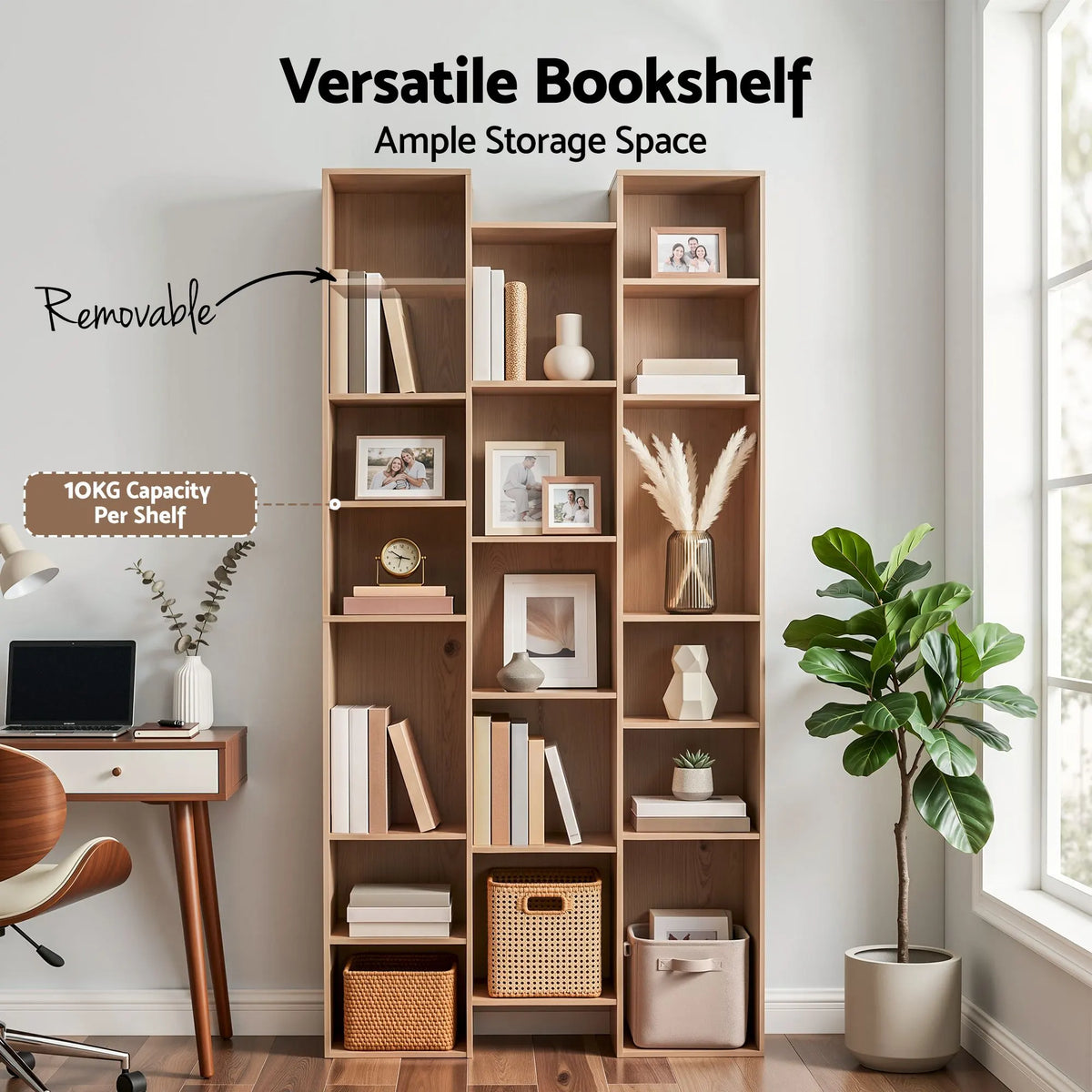 Artiss Bookshelf Display Shelves CD DVD Storage Rack Tall Bookcase Oak - Image 7
