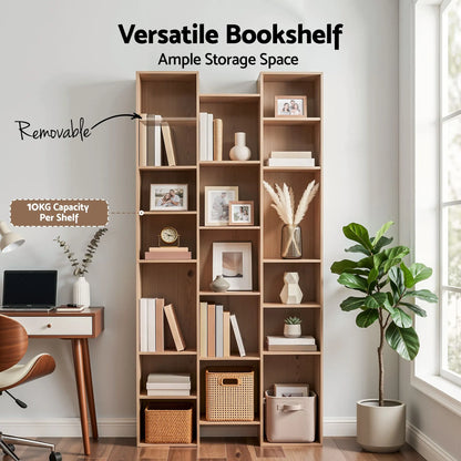 Artiss Bookshelf Display Shelves CD DVD Storage Rack Tall Bookcase Oak - Image 7