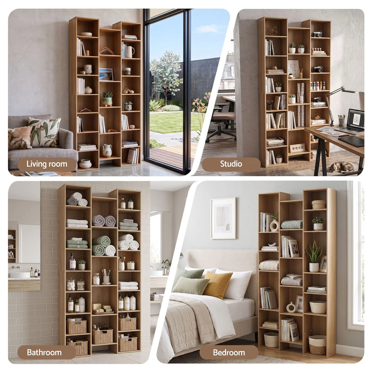 Artiss Bookshelf Display Shelves CD DVD Storage Rack Tall Bookcase Oak - Image 9